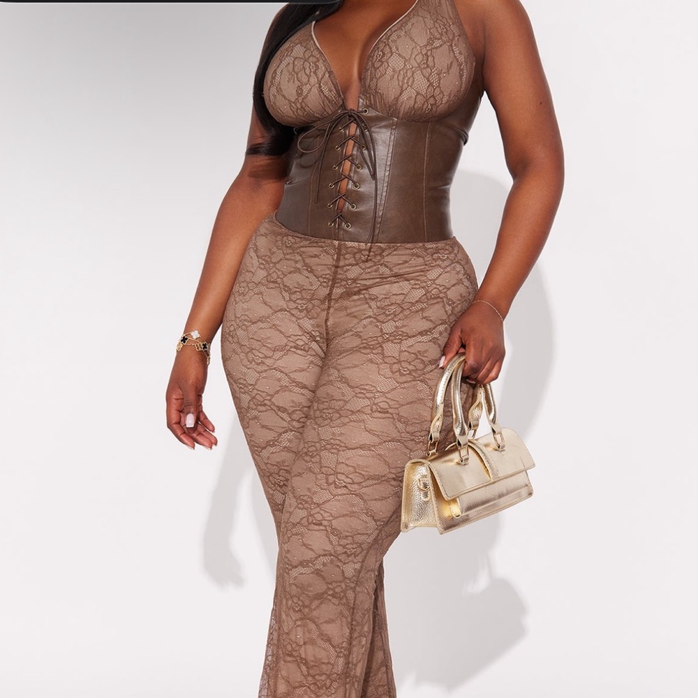 Fashion Nova Lace-Up Brown Jumpsuit